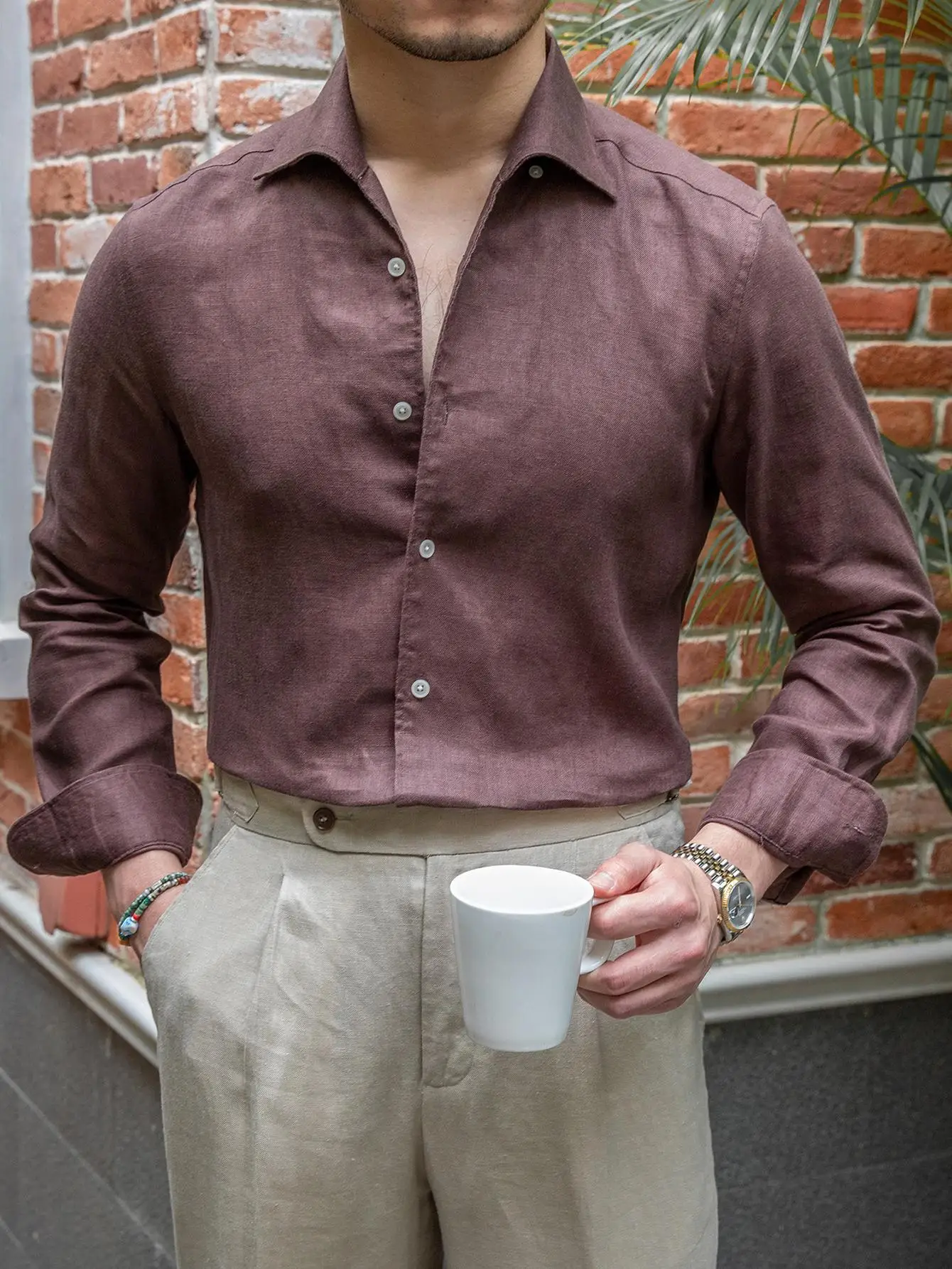 

Mr. Deer Tee Commuter Briti Retro Casual Linen Long Sve irt Gentleman's Wear Youth Breathable One-Piece Collar irt...