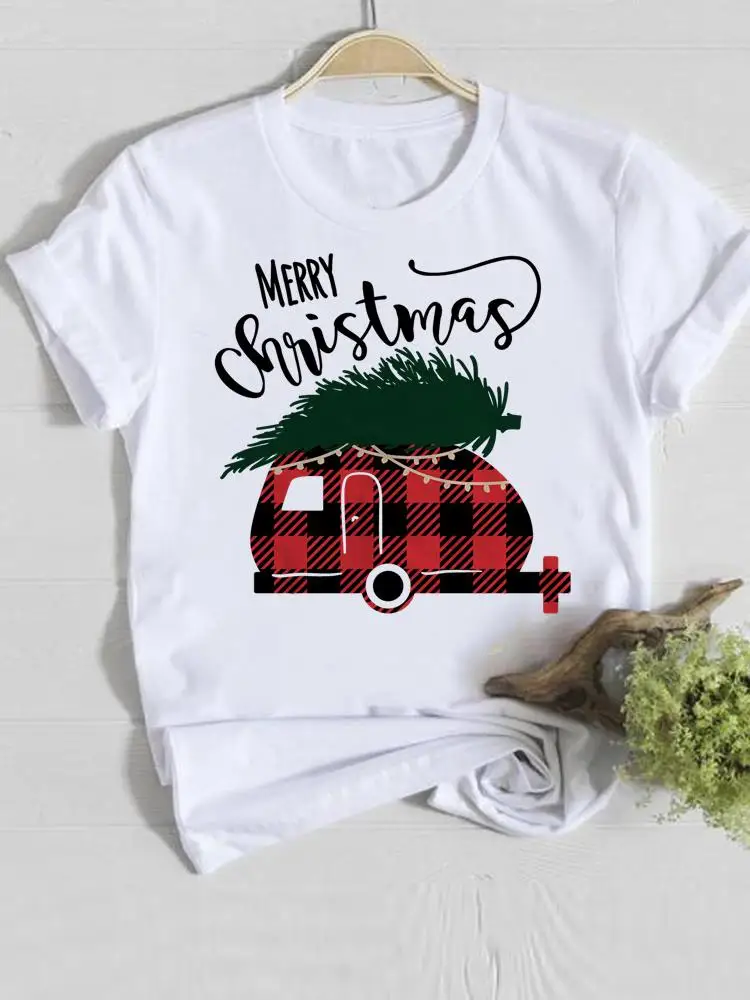 Plaid Truck Trend Leuke Nieuwe Jaar Vrouwen Vrolijk Kerstfeest T-shirts Mode Casual Kleding Vrouwelijke Korte Mouwen Kleding Grafische Tee