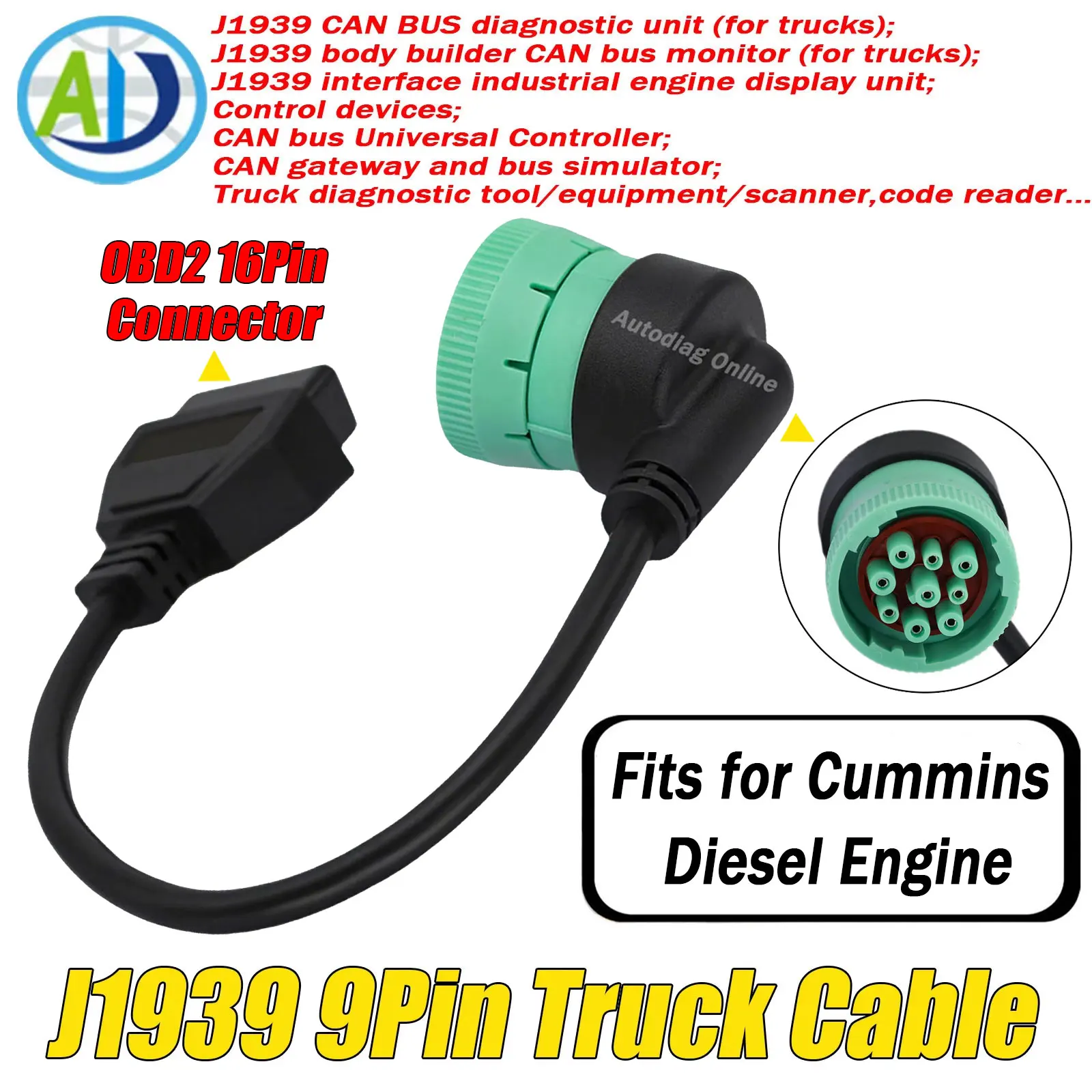 

OBD2 Diagnosctic Cable J1939 9Pin to 16Pin For Trailer OBD2 Diagnostic Adapter For Cummins J1939 9Pin Connector Cable For Truck