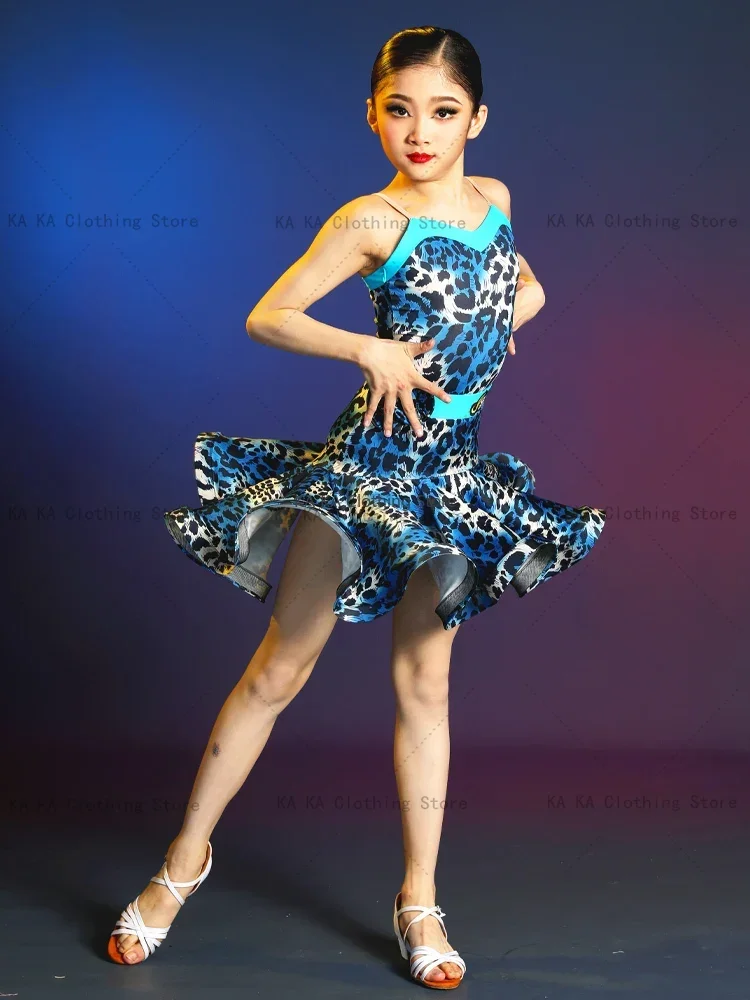 Leopard Tango Latin Dance Dress Girls Latin Dance Clothes Cha Cha Rumba Samba Dance Skirt Girls Competition Ballroom Dress Kids