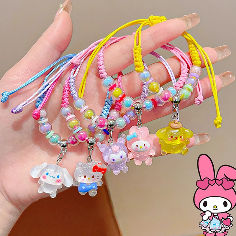 Sanrio Kuromi Mylody pulsera con cuentas de perlas, pulsera de tejido de Anime de dibujos animados, joyería de muñeca, regalo de cumpleaños del Día de San Valentín para pareja