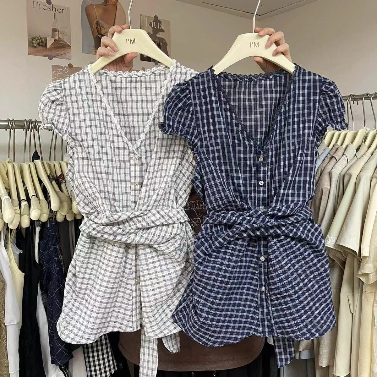 Mini Gingham V Neck Puff Short Sleeve Shirt Women Scallop Lace Trim Front Twist Waist Tie Slim Plaid Blouse