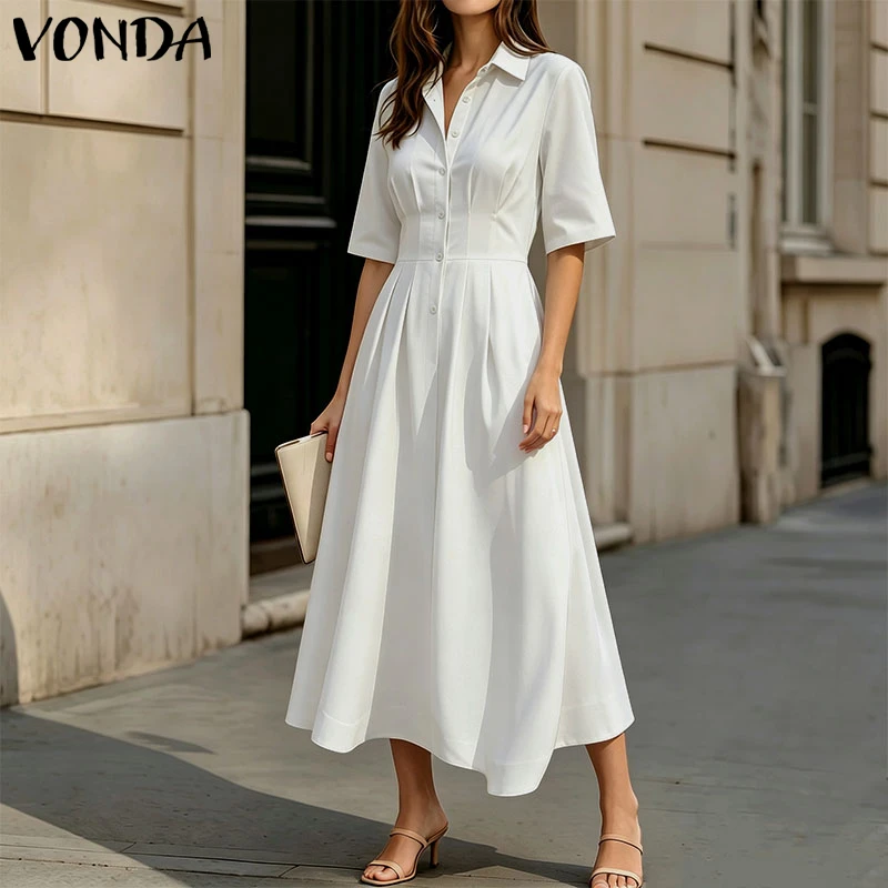 

VONDA Plus Size OL Work Shirt Dress Fashion Women Sundress VONDA 2026 SummerElegant Half Sleeve Dresses Solid Color Vestidos