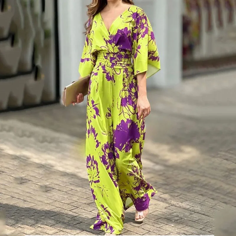 Jumpsuit wanita pinggang tinggi, Jumpsuit longgar lengan kelelawar motif elegan mode Musim Panas 2024