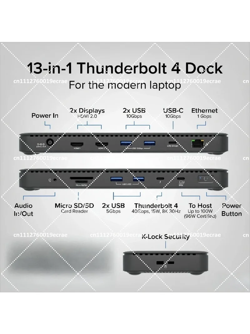 Thunderbolt 4 Docking Station 100W PD Charging Laptop Dock Dual Monitor Support 8K 4K