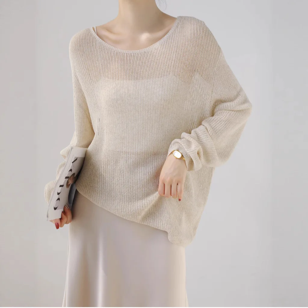 Women Knitted Pullovers Solid Cutout Sweaters Round Collar Long Sleeves Thin Loose Fit Office Lady Elegant Casual Summer 2026