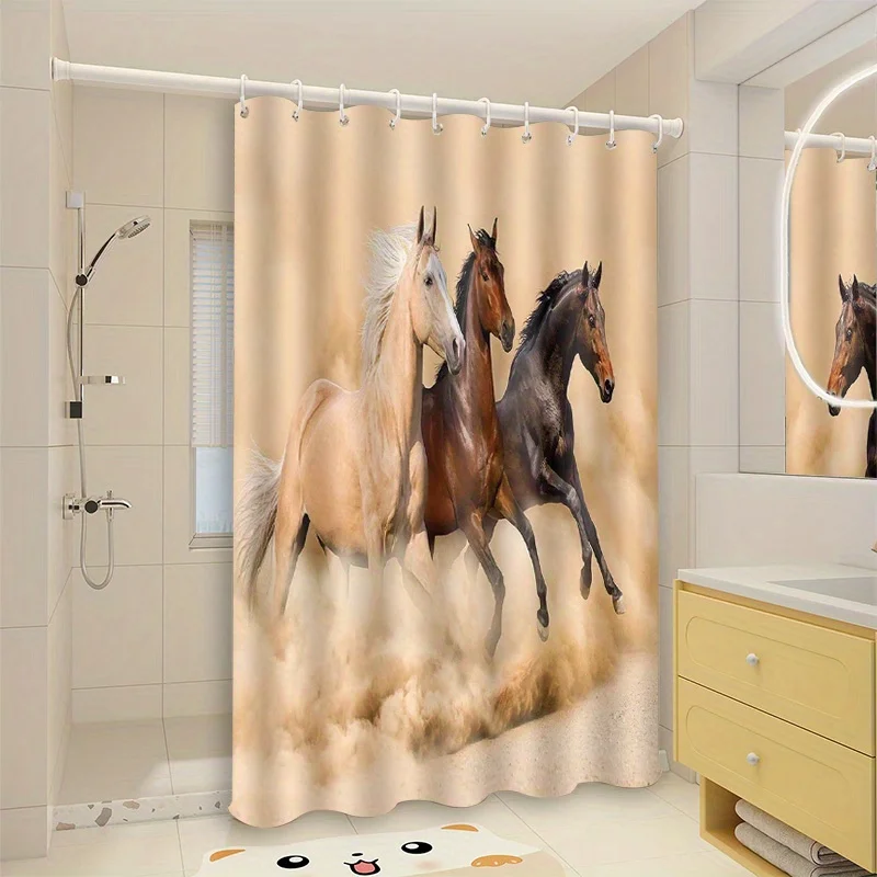 Galloping Horses Shower Curtain, Wild Stallion Animal Bathroom Decor, Dusty Desert Scene Waterproof Polyester Fabric Bath Screen