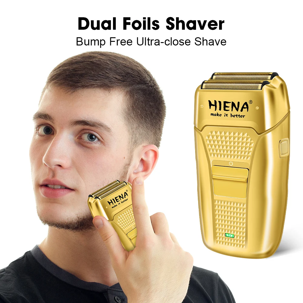 HIENA Gold Men's Electric Foil Shaver, Rechargeable Cordless Razor with Extra Head, Portable Beard Trimmer, Wet & Dry Use