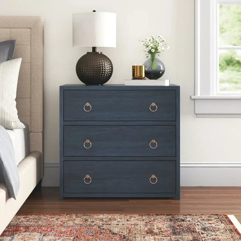 Retro Navy Blue Wooden Dresser with 3 Drawers Gold Handles Large Storage Cabinet for Bedroom Custom Furniture