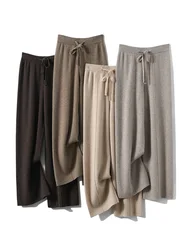 Autumn Winter 100% Merino Wool Wide Leg Pants Women Trousers Elastic Waist Knitwear Comfortable Cashmere Solid Casual Fashion