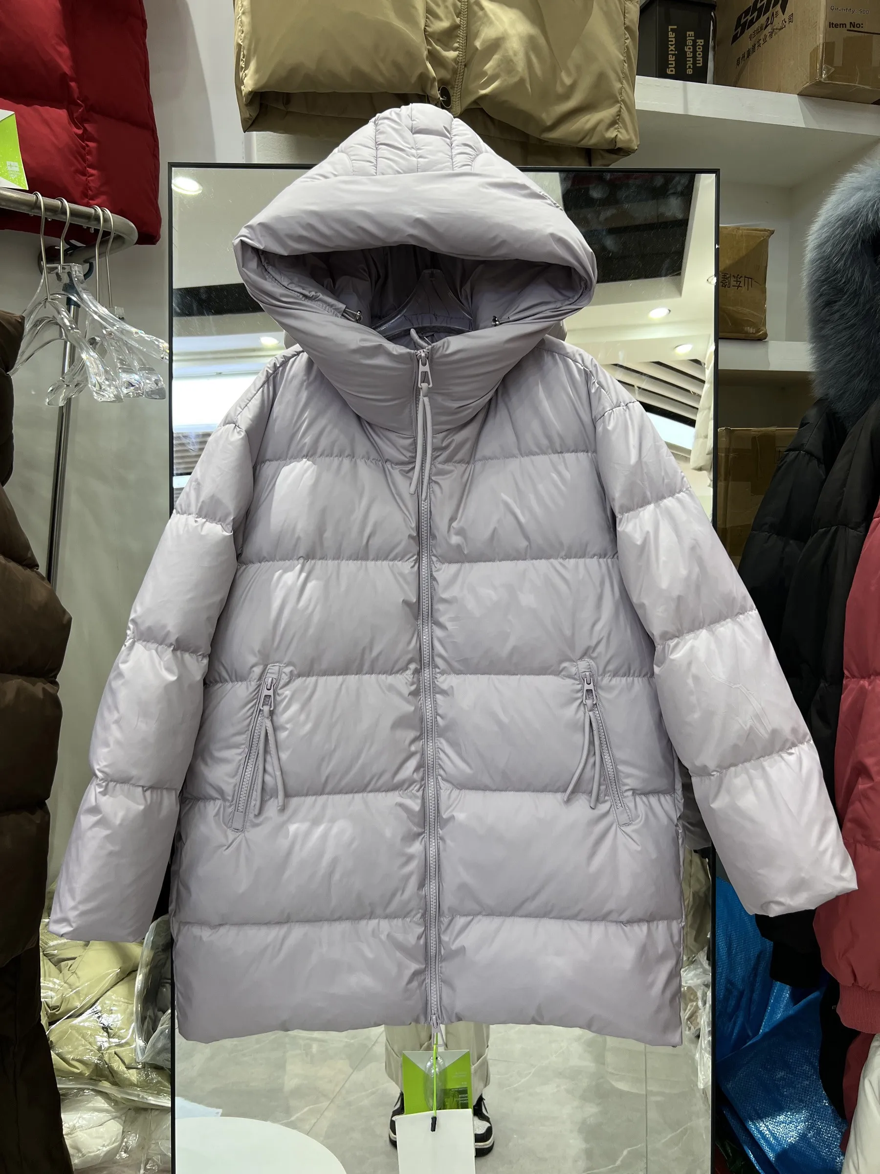 2025年新作 レディース ミドル丈 ダウンジャケット フード付き カジュアル シンプル ホワイト ダウン アウター トレンド