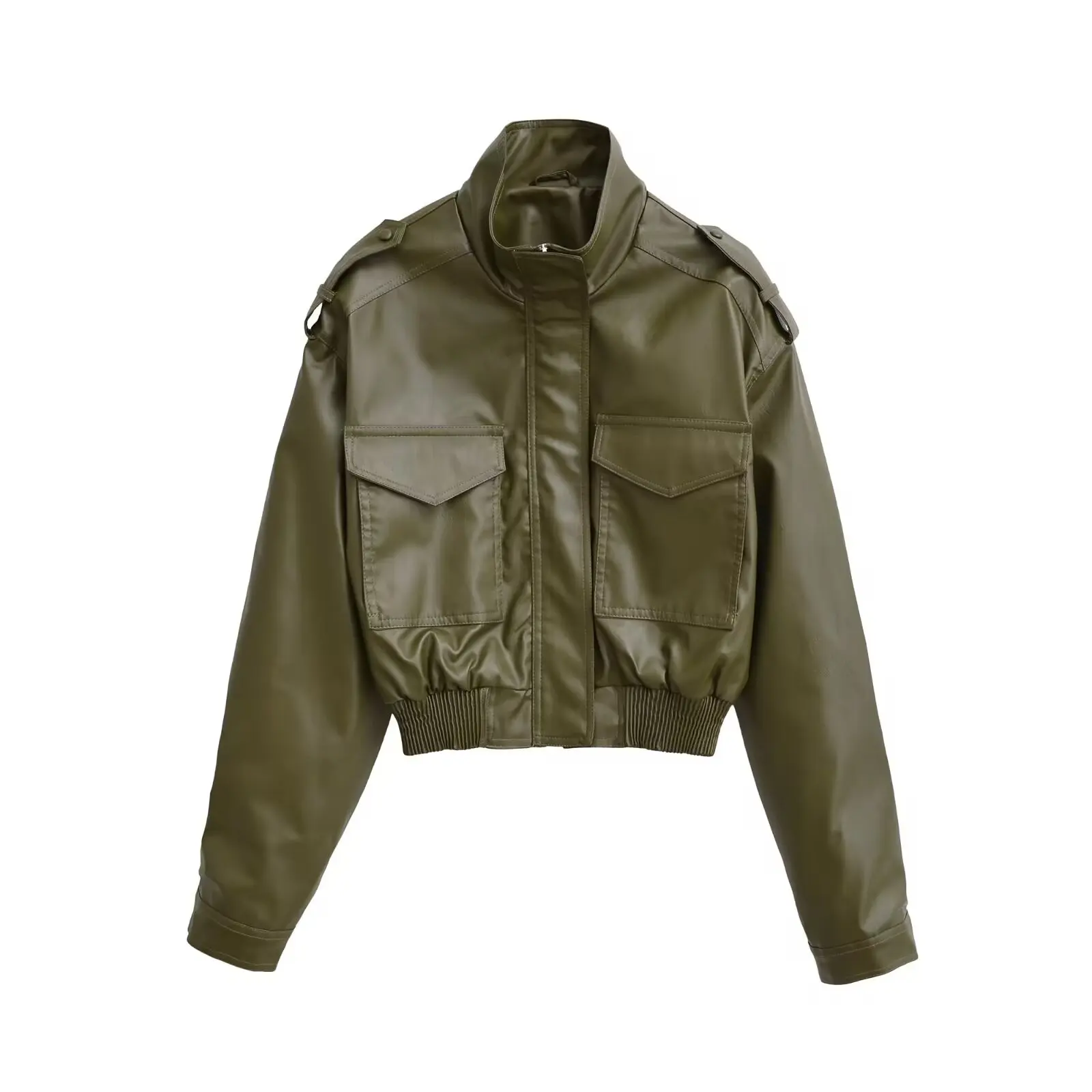 JNLEAOG mujer Faionable cuero Jaet ort Sve largo Sve Stand Collar Pilot Sle otoño nueva llegada abrigo de mujer