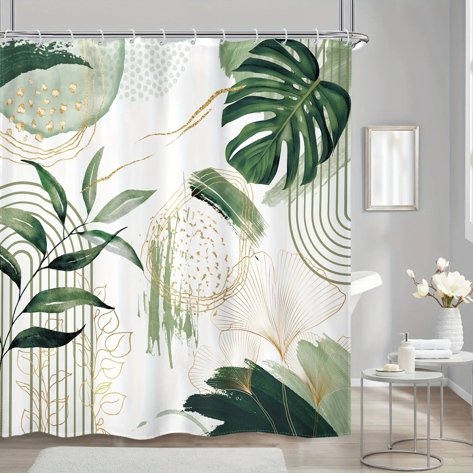 

Занавеска в стиле бохо Sage Green — абстрактный тропический и геометрический дизайн, полиэстер, 71x71 дюймов, 12 крючков, современная ванна