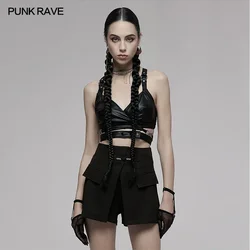 PUNK RAVE Women's Punk Rivets Sexy Elastic Cross Strap Crop Metal Rings Personality Black Short Tank Tops Women Clothing Summer