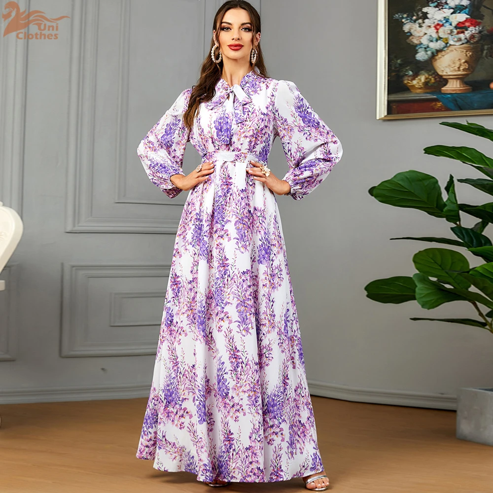 Uni Fashion Elegant Blue Chiffon Printing Party Dress Moroccan Caftan For Women Jalabiyat Turkish Islamic Belted Clothing