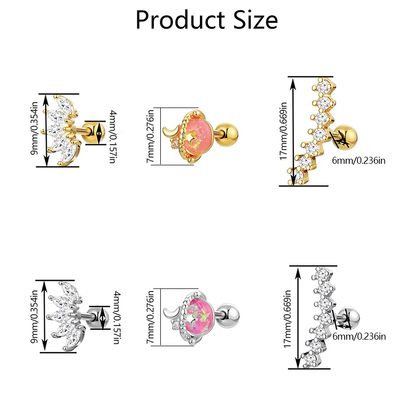 Aço inoxidável zircão parafuso cartilagem brincos, personalidade europeia e americana, brincos perfurados para mulheres