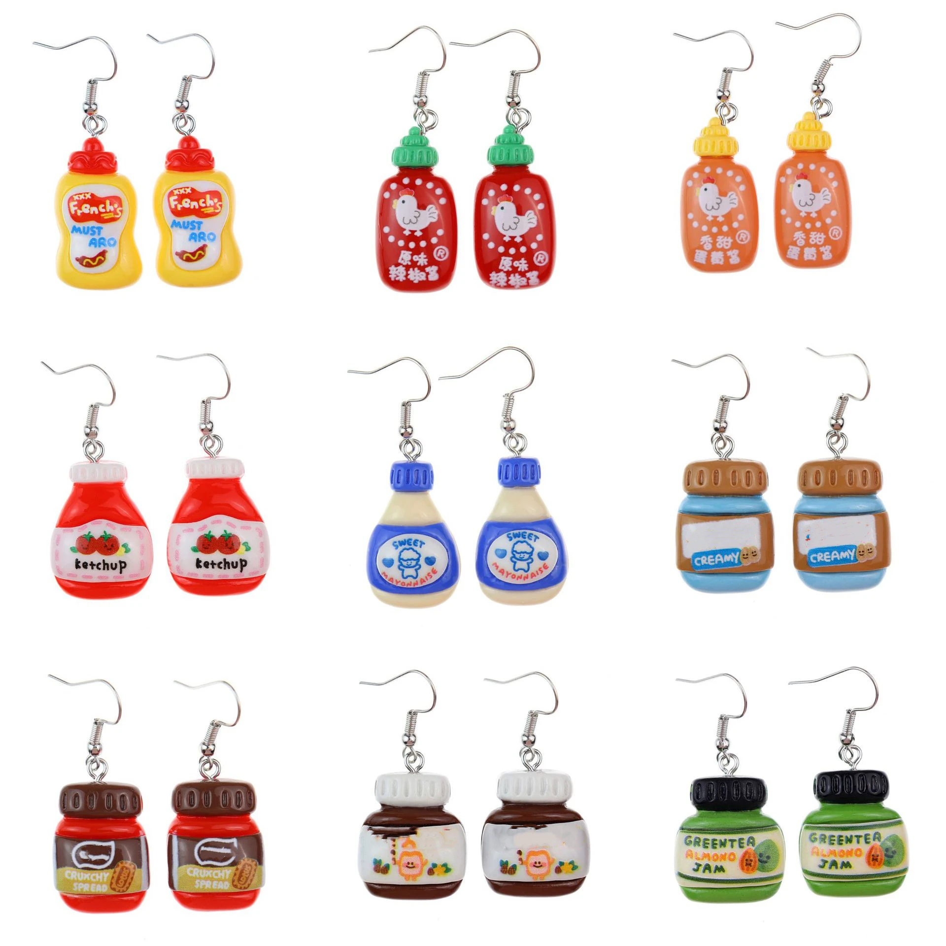 Cute Acrylic 3D Mini Simulation Sauce Bottle Dangle Earrings for Women Ketchup Peanut Butter Jar Resin Funny Food Themed Jewelry