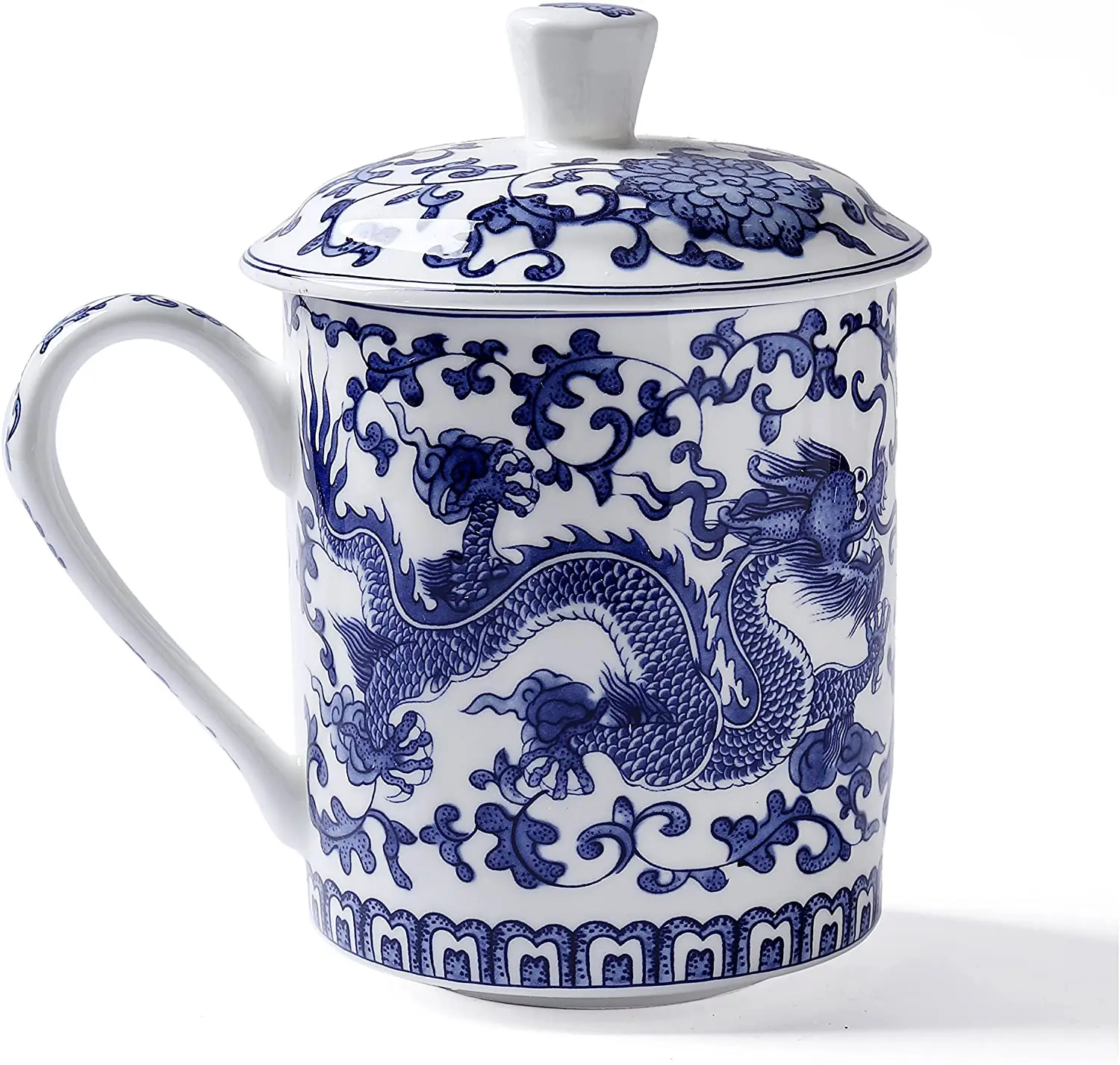 Blue And White Tea Cup With Lid Dragon Bone China Ceramic Cup Cover Jingdezhen Coffee Mug Handle 500ml Loose Leaf