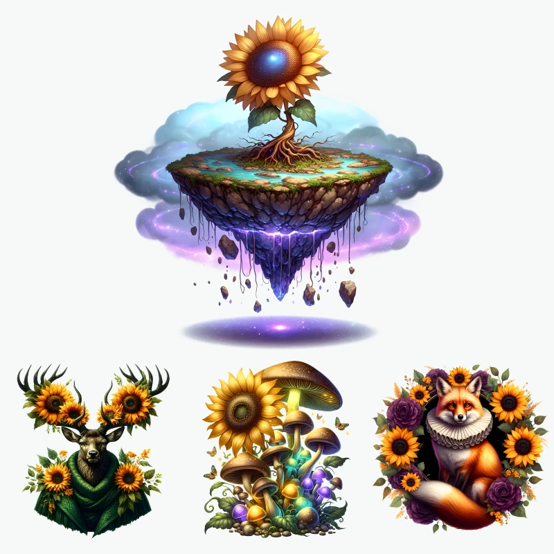 2PCS Floating Island Sunflower   Deer With Sunflowers   Mushrooms And Flowers   Fox In Floral Frame iron on patches DTF Patches