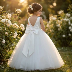 Girls Dress Pink Mesh Big Bow Girl Party Long Dresses Children Princess Ball Gown Dress Sleeveless Kids Wedding Birthday Dress