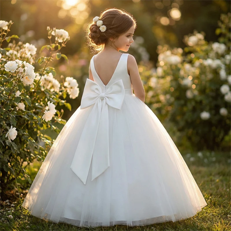 Girls Dress Pink Mesh Big Bow Girl Party Long Dresses Children Princess Ball Gown Dress Sleeveless Kids Wedding  Birthday Dress