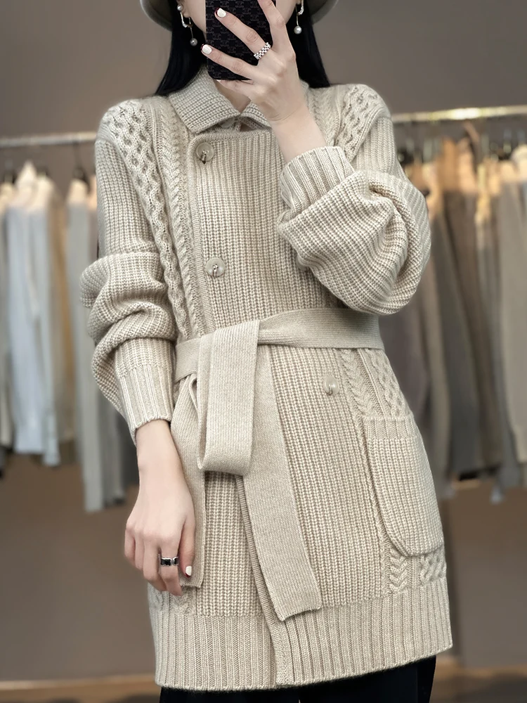 100% Merino Wool Sweater Women Turn-down Collar Cardigan Long Coat Autumn Winter Thick Cashmere Knitwear Female Grace Clothing