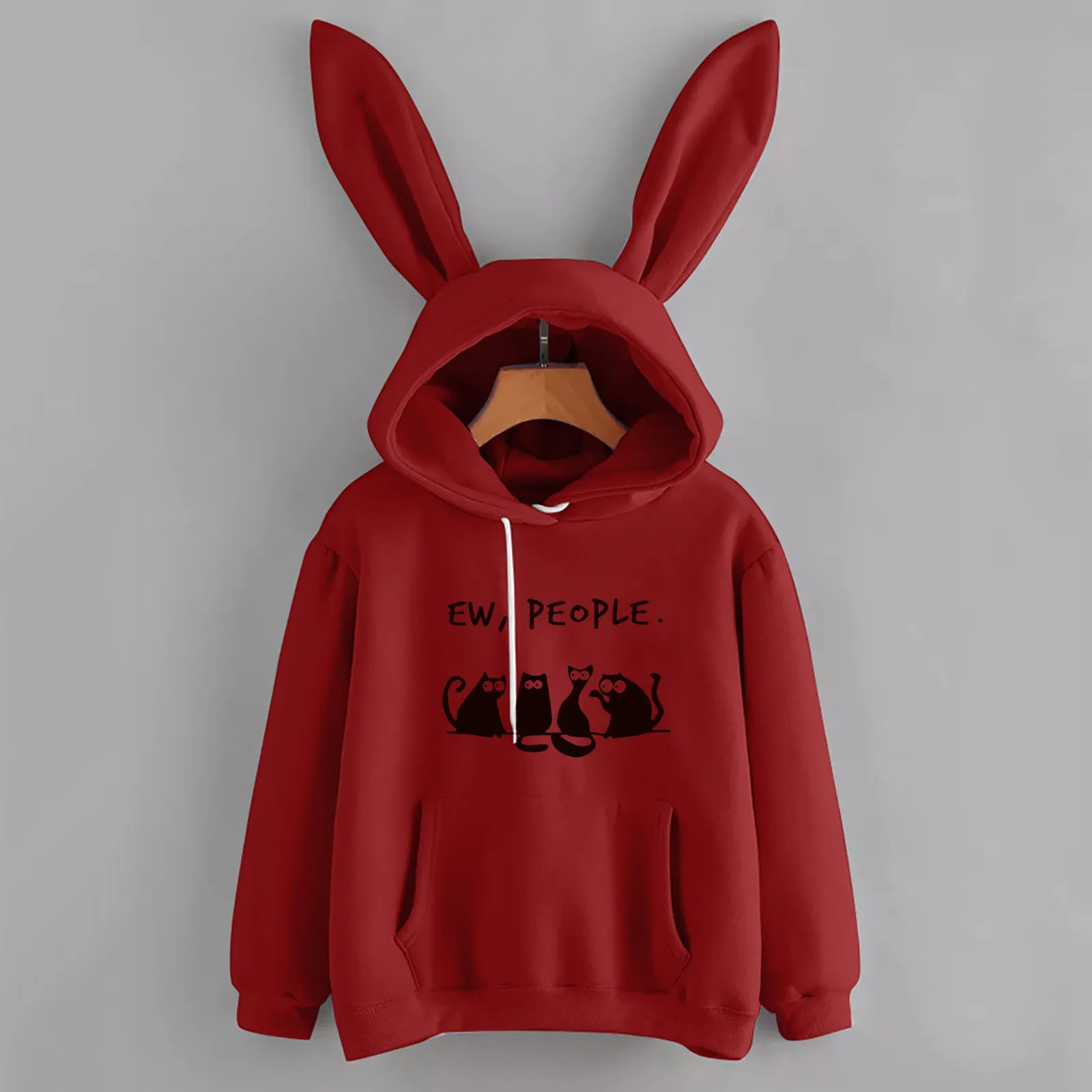 Fleece Sweatshirt Cute Rabbit Bunny Ears Cat Print Women Hoodie Coat Autumn Winter Drawstring Sweet With Pocket For Teen Girls