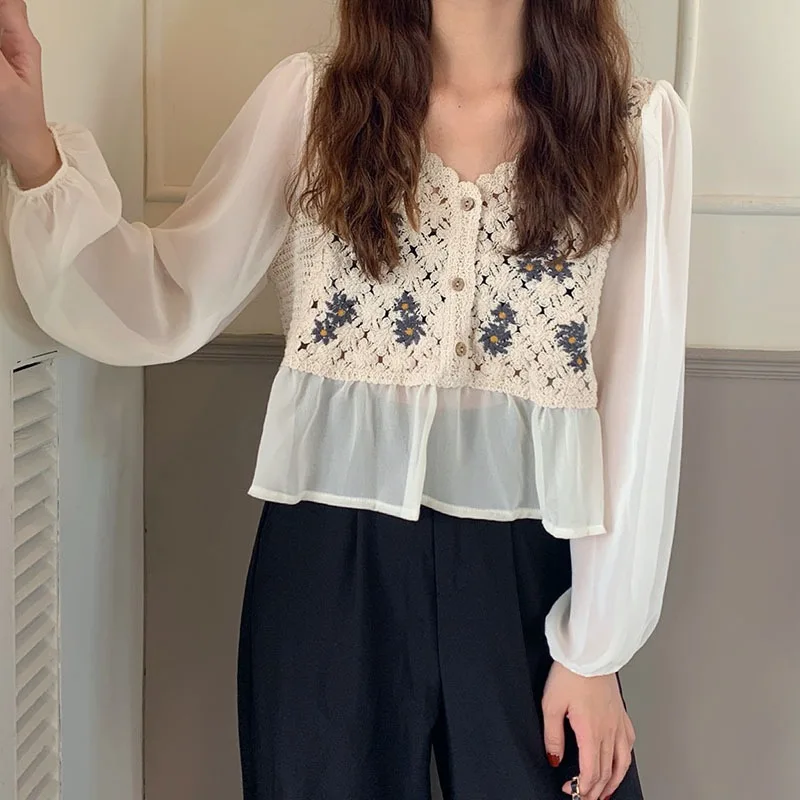 Hollow Crochet Long Sleeve Chiffon Blouse Top Women Elegant Short Style Sweet And Spicy All-Match Leisure Versatile Summer