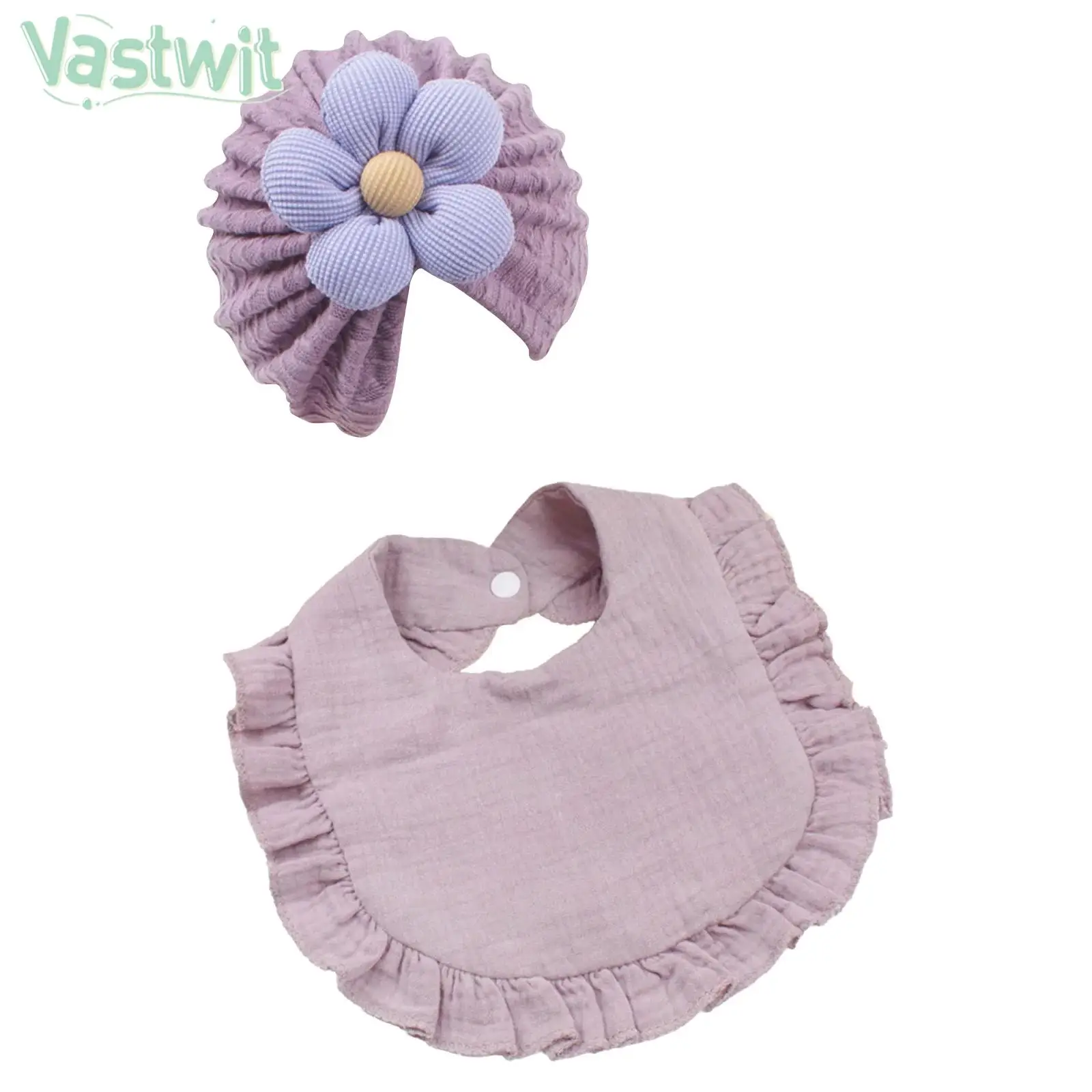 Infant Girls Adjustable Absorbent Sweet Cute Ruffled Bib with Headband Or Hat Daily Birthday Party Photography Costume Accessory