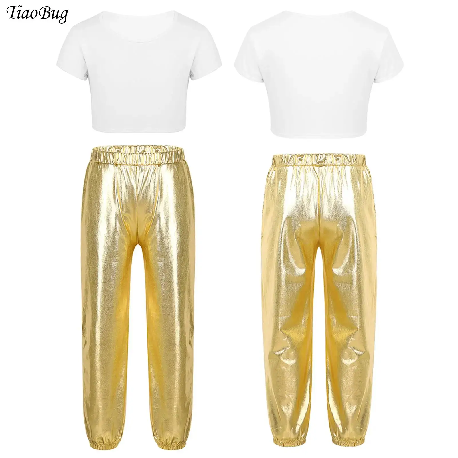 

Kids Girls Hip Hop Street Dancewear Short Sleeves T-shirt Crop Top+Metallic Pants Cheerleading Jazz Dancing Performance Costume