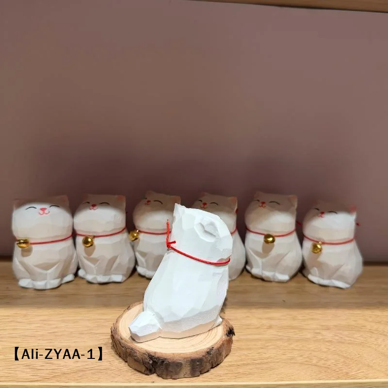 【A】1Pcs White Cat Decorative Statue Handcraved Wooden Animal Figurine Desktop Home Office Decor Gift For Cat Lovers
