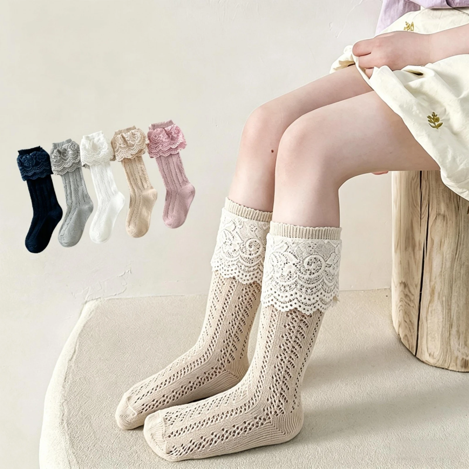 Pointelle Knee High Socks for Girls Tiered Scalloped Lace Ruffle Socks Elegant Stockings for Daily Wear and Special Occasions