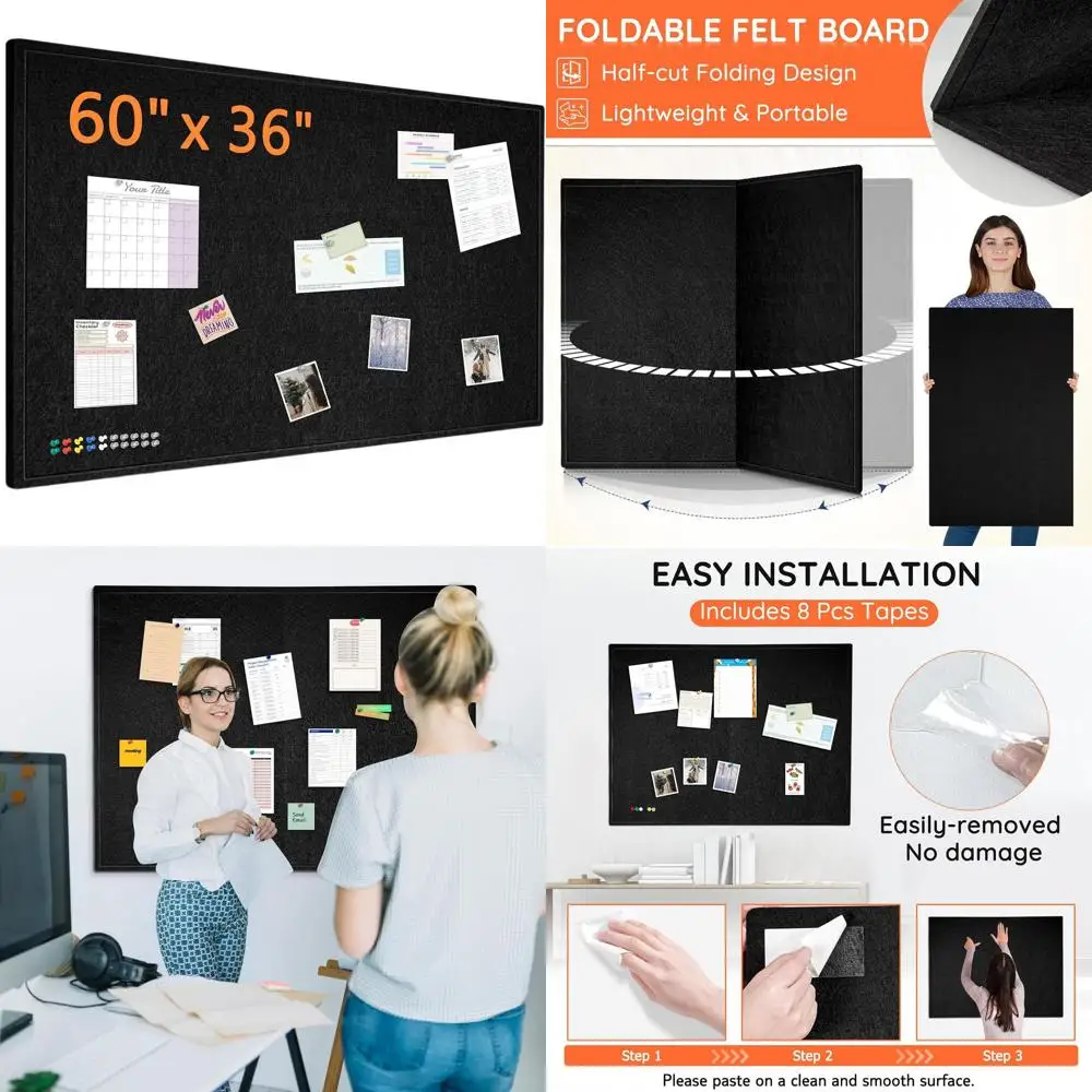 لوح فلين وفلين قابل للطي مقاس 60 × 36، لوحة إعلانات زخرفية مثبتة على الحائط للمنزل والمكتب والمدرسة مع 20 دبابيس، أسود