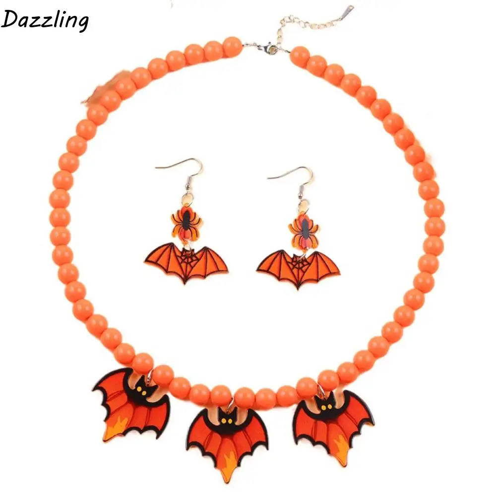 

Acrylic Halloween Jewelry Sets Beaded Adjustable Bat Ghost Jewelry Sets Aesthetic Sweet Charm Choker Necklace Earring Set
