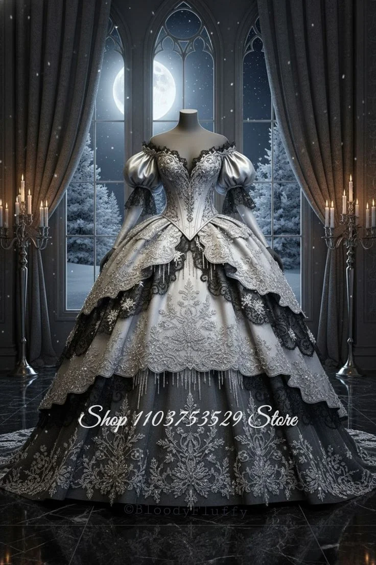 

Customised Vintage Victorian Silver Glamorous Wedding Dress Off Shoulder Embroidered Lace Corset Bridal Gown Glamorous Ball Gown