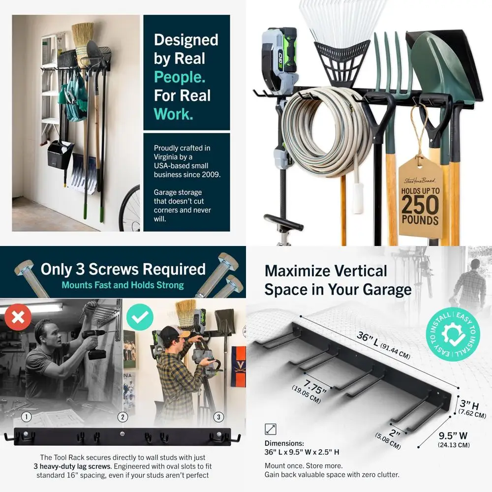 Heavy-Duty Steel Wall Rack with 4 Hooks for Garage, Garden, and Home Storage - Holds Tools, Rakes, and More - Black, 1 Pack