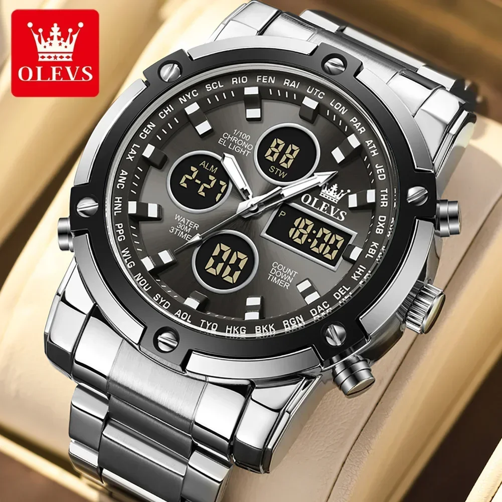 

OLEVS 1106 Waterproof Complication Luxury Men Wristwatches Stainless Steel Strap Sport Digital Watch for Men Luminous Alarm