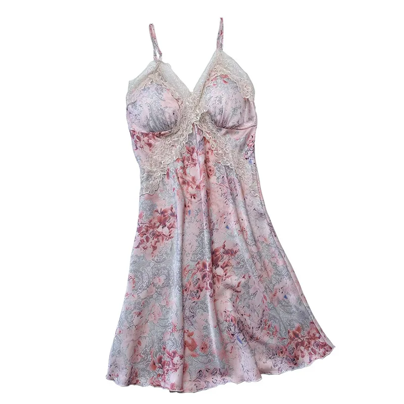 Sexy Strap Nightdress Lace Chemise Sleepwear Loungewear Summer Women Satin Nightwear Home Dress Print Nightgown Dressing Gown