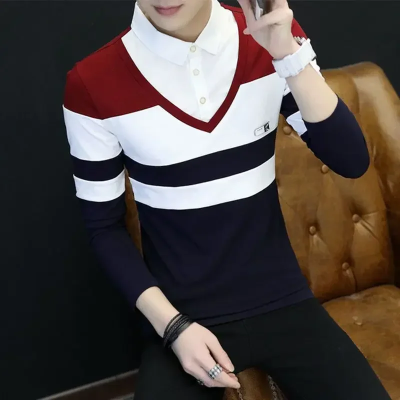 Male Clothes Buttoned Tops Tight T Polo Shirts for Men Spliced Slim Fit Red High Brand Luxury 2024 Social Harajuku Fashion It Xl