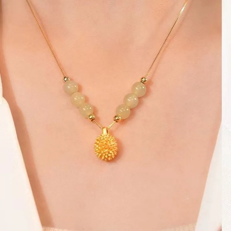 High quality gold durian jade bead necklace niche design to last you a lifetime Chinese Valentines Day AU750 chain 999 pendant