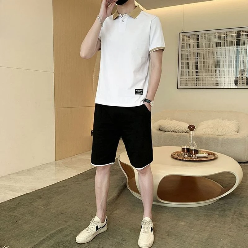 

Men's Summer Cotton Polo Shirt Set Short Sleeve Casual Business Outfits Loose Fit 2 Piece Suit for Young Men