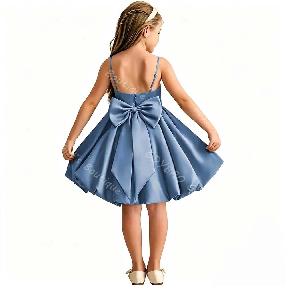 

Spaghetti Straps Satin Flower Girl Dresses for Wedding Toddler Kids Pageant Party Ball Gown Bow Formal Mini Bubble Dress Custom