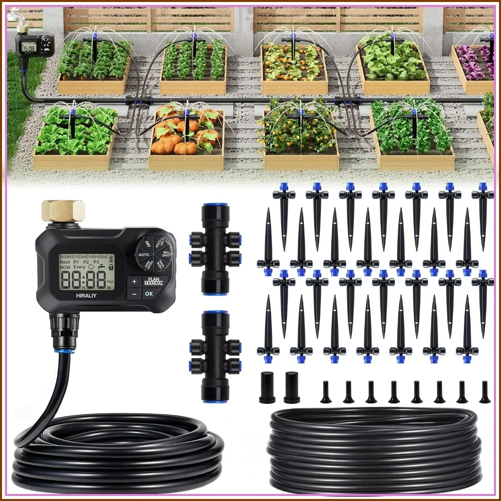 

100FT Drip Irrigation Kit with Timer, Quick-Connect Garden Watering System, 24 Adjustable Drippers for Raised Beds, Lawn & Greenhouse