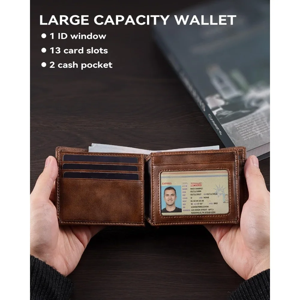 Mens Wallets Genuine Leather RFID Blocking Bifold Wallet For Men with 1 ID Window 13 Card Holders