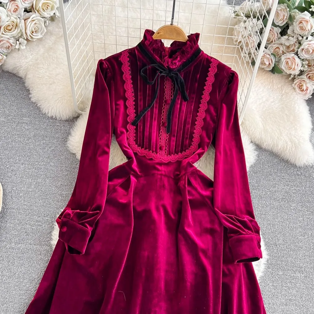 High Quality Autumn Winter Velvet Dress Vintage Women Stand Collar Lace Up Bow Long Sleeve Ladies Office Velour Soft Vestidos