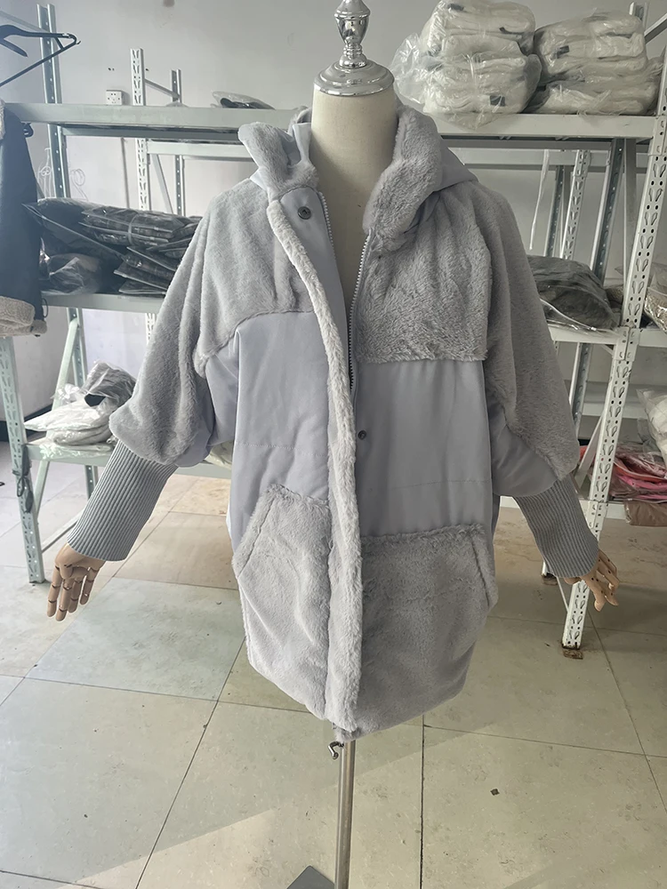 Chaqueta con capucha elegante y cómoda para invierno, abrigo holgado con cremallera, abrigo de algodón para mujer, Parka con mangas acanaladas elásticas, abrigo empalmado de piel sintética