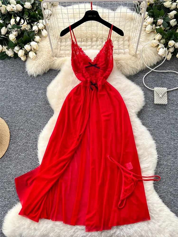 

SINGREINY Lace Gauze Sleepwear Camis Sexy Pajamas Sleeveless Bow Sheer Nightwear Fashion Ladies Backless Split Long Night Dress