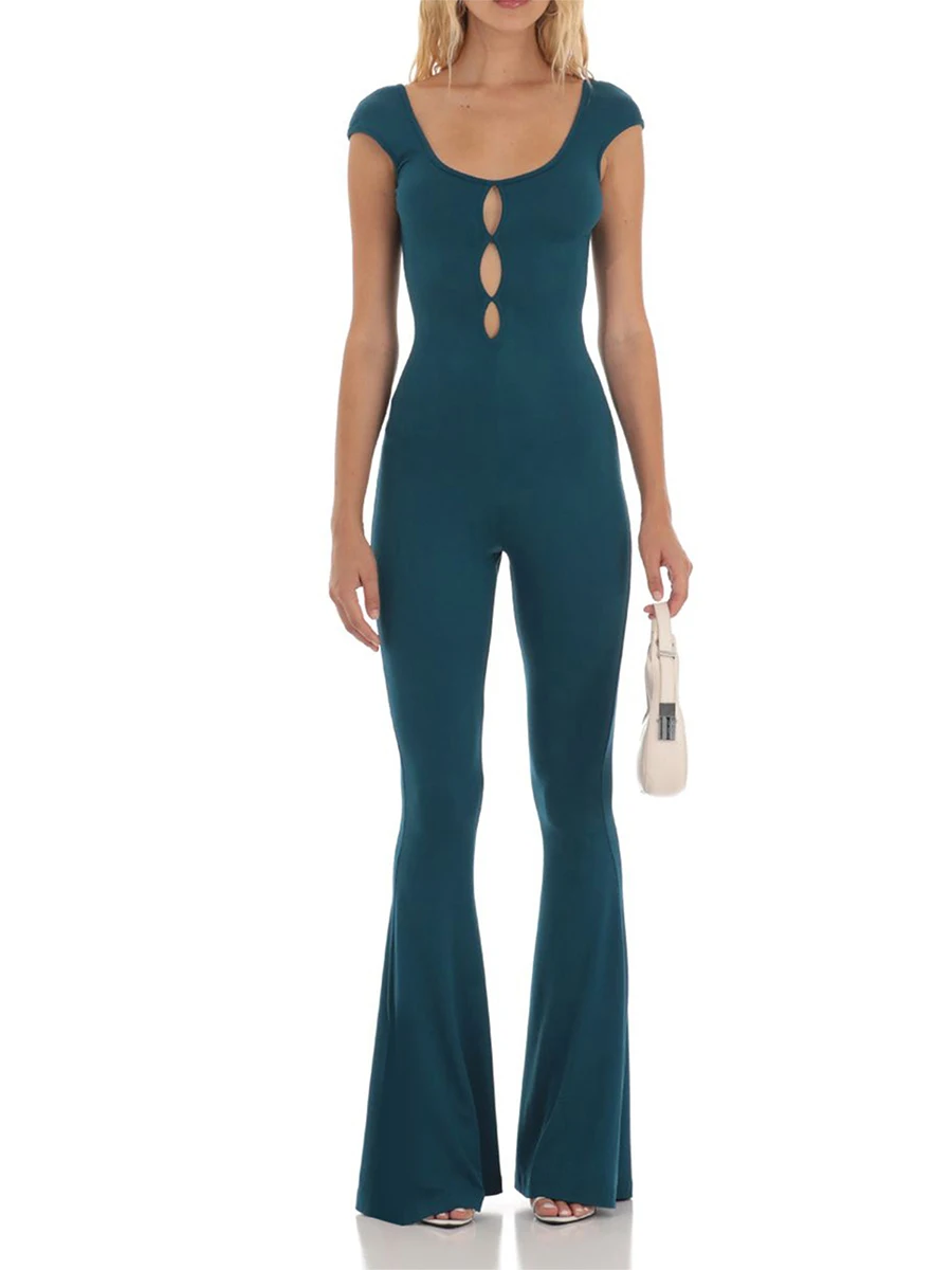 

Women Sleeveless Backless Fitted Jumpsuits Hollow Low Cut Flare Leg Pants Romper Solid Wide Strap Bodycon Overall