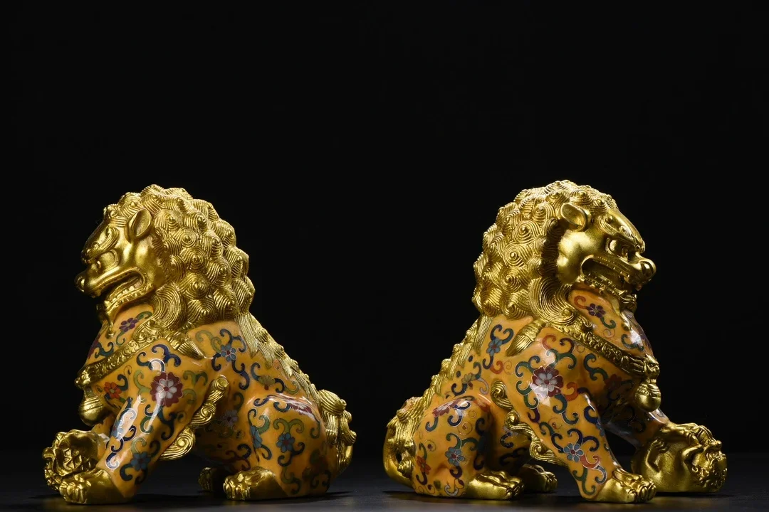 

8"Tibetan Temple Collection Old Bronze Cloisonne Enamel Floral Texture Lion Statue A Pair Gate God Lion Amass wealth Ornaments
