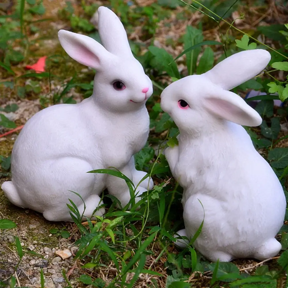Small Garden Decor Outdoor Resin Rabbit Ornament 2 Pcs Realistic White Rabbit Garden Statues Weatherproof Resin Bunny for Yard